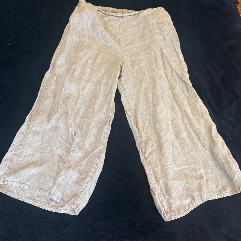 Flax‎ Womens Medium Blue 100% Linen Wide Leg Elastic Waist Crop Pants Lithuania